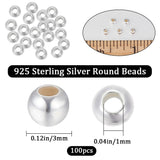 Round 925 Sterling Silver Beads, Silver, 3mm, Hole: 0.9~1.1mm, 100Pcs/box