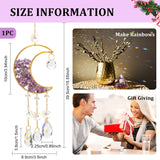 Crystal Chandelier Glass Teardrop Pendant Decorations, Hanging Sun Catchers, with Natural Amethyst Chips Beads and Brass Moon Charm, for Home Decoration, Golden, 395mm