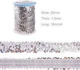 Plastic Paillette Elastic Beads, Sequins Beads, Ornament Accessories, 3 Rows Paillette Roll, Flat Round, Silver, 25x1.5mm, 10m/roll