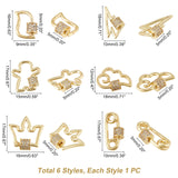 Brass Micro Pave Clear Cubic Zirconia Screw Carabiner Lock Charms, for Necklaces Making, Long-Lasting Plated, Mixed Shapes, Real 18K Gold Plated, 6pcs/box