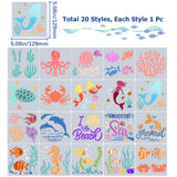 20Pcs 20 Styles Ocean Theme PET Plastic Hollow Out Drawing Painting Stencils Templates, Square, Sea Animals, 129x129x0.3mm, 1pc/style