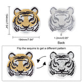 Computerized Embroidery Sew on Patches, Reversible Sequin Appliques, Tiger's Head, Yellow, 220x194x1.2mm