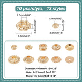 120Pcs 12 Style Alloy & Brass Beads, Flower & Bicone & Column & Disc & Flat Round, Golden, 3.8~7.5x1.5~4mm, Hole: 1~2.4mm, 10pcs/style
