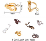 Brass Clip-on Earring Findings, for Non-pierced Ears, Mixed Color, 13x6x7mm, Hole: 1mm, about 16pcs/color, 96pcs/box