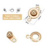 304 Stainless Steel Snap Clasps, Flat Round, Golden & Stainless Steel Color, 15x9x5mm, Hole: 1.5mm and 2mm, 2 colors, 6pcs/color, 12pcs/box