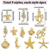 54Pcs 9 Styles Alloy Pendants, Mixed Shape Charm, Golden, 14~31x11.8~16x2.8~4mm, Hole: 1.5~2mm, 6pcs/style