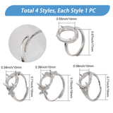 4Pcs 4 Style Adjustable Brass Pad Ring Settings, 4 Claw Prong Ring Settings, Platinum, US Size 6 1/2(16.9mm)~US Size 9(18.9mm), Tray: 10~14mm, 1pc/style