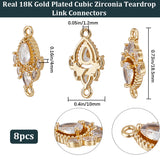 8Pcs Brass Pave Clear Cubic Zirconia Connector Charms, Nickel Free, Teardrop Links, Real 18K Gold Plated, 18.5x10x4mm, Hole: 1.2mm