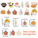 24Pcs 12 Style Halloween Theme Alloy Enamel Pendants, Light Gold, Bat & House &umpkin Jack-O'-Lantern with Ghost & Jar, Mixed Color, 20~32.5x10~29x1~3mm, Hole: 1.4~2mm, 2pcs/style