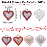 40Pcs 4 Style Alloy Enamel Pendants, with Crystal Rhinestone, Heart Charm, Mixed Color, 15x13.5x2mm, Hole: 2mm, 10pcs/style