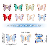 16Pcs 8 Colors Glass Pendants, with Micro Pave Cubic Zirconia and Brass Open Back Settings, Faceted, Butterfly, Light Gold, Mixed Color, 15.5x20x4mm, Hole: 1.8mm, 2pcs/color