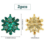 2Pcs Rhinestone Flower Brooch Pin, Antique Golden Alloy Badge for Backpack Clothes, Emerald, 53.5x47.5x10mm
