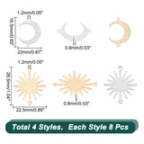 32Pcs 4 Styles Brass Connector Charms, Long-Lasting Plated, Moon & Sun, Real Gold Plated & Real Platinum Plated, 16.5~26.5x22~22.5x0.8mm, Hole: 1.2mm, 8pcs/style