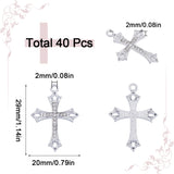 40Pcs Alloy Crystal Rhinestone Pendants, Cross Charms, Platinum, 29x20x2mm, Hole: 2mm