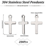 200Pcs 304 Stainless Steel Pendants, Cross, Stainless Steel Color, 17x10x0.8mm, Hole: 1.5mm