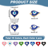 64Pcs 16 Colors Alloy Enamel Charms, Heart with Evil Eye Charm, Mixed Color, 14x12.5x4mm, Hole: 1.8mm, 4pcs/color
