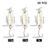 Stainless Steel Fishing Gear Fishing Lures Hooks, for Fishing Supplies, Golden & Stainless Steel Color, 53~54mm, teardrop,: 30x12~13x3~3.5mm, 30pcs/box