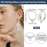 2 Pairs Rhodium Plated 925 Sterling Silver Hoop Earring Findings, Latch Back wit Loops, with S925 Stamp, Platinum, 21 Gauge, 14x10x2mm, Hole: 1.4mm, Pin: 0.7mm