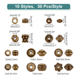 500Pcs 10 Styles Tibetan Style Alloy Spacer Beads, Rondelle & Column % Bicone, Mixed Shapes, Antique Bronze, 5~7x3~7mm, Hole: 1~3mm, 50pcs/style