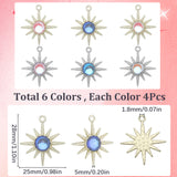 24Pcs 6 Styles Rack Plating Alloy Pendants, Sun Charms, with Resin, Cadmium Free & Nickel Free & Lead Free, Mixed Color, 28x25x5mm, Hole: 1.8mm, 4pcs/style