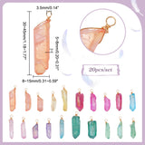 20Pcs Electroplated Natural Quartz Crystal Pendants, Light Gold Plated Copper Wire Wrapped Faceted Nuggets Charms, Mixed Color, 30~45x8~15x5~8mm, Hole: 3.5mm