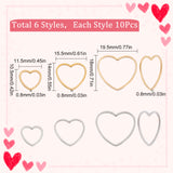 60Pcs 6 Style 304 Stainless Steel Linking Ring, Heart, Golden & Stainless Steel Color, 10.5~18x11.5~19.5x0.8mm, 10pcs/style