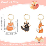 Alloy Enamel Fox Charms Locking Stitch Markers, with Golden Tone 304 Stainless Steel Ring, Mixed Color, 3.5~3.9cm, 3 styles, 5pcs/style, 15pcs/set