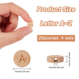 4 Sets Alphabet Undyed Wood Beads, Horizontal Hole, Flat Round with Laser Engraved Letter A~Z, Letter A~Z, 10x4mm, Hole: 1.6mm, 26pcs/set