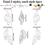 12Pcs 2 Style 201 Stainless Steel Pendants, Laser Cut, Wing, Stainless Steel Color, 45~49x20~20.5x1mm, Hole: 1.5~1.6mm, 6pcs/style