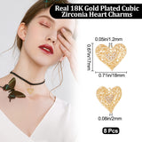 8Pcs Brass Clear Cubic Zirconia Pendants, Heart Charm, Real 18K Gold Plated, 17x18x2mm, Hole: 1.2mm