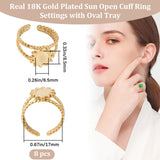 8Pcs 304 Stainless Steel Sun Open Cuff Ring Findings, Bezel Cup Ring Settings with Oval Tray, Real 18K Gold Plated, Inner Diameter: 17mm, Tray: 8.5x6.5mm