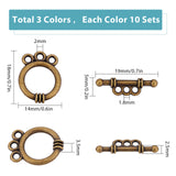 30Sets 3 Colors Tibetan Style Alloy Toggle Clasps, Cadmium Free & Lead Free, Ring, Mixed Color, 18x14x3.5mm, Hole: 2mm, 10sets/color