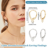4 Pairs 2 Colors Brass Micro Pave Cubic Zirconia Leverback Earring Findings, with Loop, Clear, Platinum & Golden, 17x11x1.5mm, Hole: 1.5mm, 2 Pairs/color