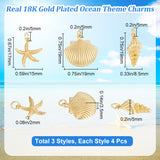 12Pcs 3 Style Rack Plating Brass Pendant, Eco-friendly, Cadmium Free & Lead Free, Shell/Starfish, Real 18K Gold Plated, 17~19x8.5~19x2~5mm, Hole: 3~4mm, 4pcs/style