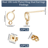 20Pcs Brass Ring Stud Earring Findings, with Horizontal Loops & Raw(Unplated) Silver Pins & Plastic Protector & 20Pcs Friction Ear Nuts, Real 18K Gold Plated, 8x6mm, Hole: 1mm, Pin: 0.7mm