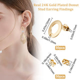 50Pcs 201 Stainless Steel Stud Earring Findings, with 304 Stainless Steel Pin & Hole & Friction Ear Nuts, Donut, Real 24K Gold Plated, 12mm, Hole: 1.2mm, Pin: 0.7mm