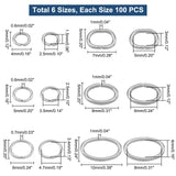 600Pcs 6 Styles 304 Stainless Steel Open Jump Rings, Oval, Stainless Steel Color, 4~10x3~6x0.6~1mm, Inner Diameter: 1.5~4x2.5~8mm, 100pcs/style