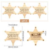 6Pcs Iron Star with Word Sheriff Brooch Pin for Costume Accessories, Antique Golden, 67x59x7mm