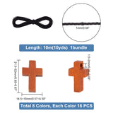 128Pcs 8 Styles Wood Dyed Pendants, Religion Cross Charms, with 1 Bundle Winding Waxed Polyester Cord, Mixed Color, 21.5~22x1~15x1~5mm, Hole: 1.5~2mm, 16pcs/style