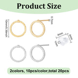 20Pcs 2 Colors Brass Ring Stud Earring Findings, with 30Pcs Plastic Ear Nuts, Real 18K Gold Plated & Platinum, 10mm, Pin: 0.7mm, 10Pcs/color