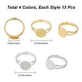 52Pcs 4 Style Adjustable Brass Ring Components, Pad Ring Settings, Flat Round, Mixed Color, Tray: 10mm, Inner Diameter: 17~18mm, 13Pcs/style