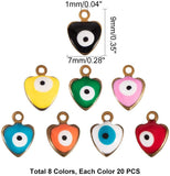 Golden Tone Brass Enamel Charms, Enamelled Sequins, Heart with Evil Eyes, Mixed Color, 9x7x5mm, Hole: 1mm, 8colors, 20pcs/color, 160pcs/box