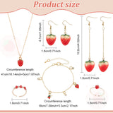 Strawberry Brass Enamel Pendant Necklace & Dangle Earrings & Open Cuff Ring & Charm Bracelet Jewelry Sets, Light Gold Alloy Jewelry Set for Women, Red, 16.22 inch(41.2cm), 26x18.5x19mm, Pin: 0.6mm, Inner Diameter: 17mm, 7 inch(17.8cm)