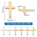 30Pcs 3 Colors Brass Connector Charms, Religion Cross Links, Mixed Color, 16.5x10x1.8mm, Hole: 1mm, 10pcs/color