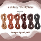 30 Yards 6 Colors Cowhide Leather Cord, Round, Mixed Color, 2mm, 5 yards/color