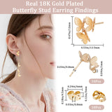 10Pcs Brass Stud Earring Findings, with Vertical Loops, Butterfly, with 10Pcs Ear Nuts, Real 18K Gold Plated, 13.5x12mm, Hole: 1mm, Pin: 0.8mm