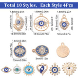 40Pcs 10 Styles Evil Eye Alloy Enamel Pendants, with Crystal Rhinestone, Flower & Flat Round & Heart & Sun Charms, Light Gold, 14~21.5x12~21.5x1.5~3.5mm, Hole: 1.5~2mm, 4Pcs/style