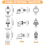 60Pcs 3 Styles Tibetan Style Alloy Connector Charms, Skull, Antique Silver, 14~26.5x11.5~24x2~6mm, Hole: 1.5~4mm, 20pcs/style