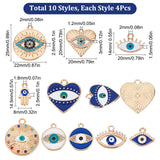 40Pcs 10 Style Alloy Enamel Pendants Light Gold, Flat Round & Hamsa Hand with Evil Eye, Mixed Color, 12.5~25.5x8~24.5x1.5~3mm, Hole: 1.5~2.5mm, 4pcs/style