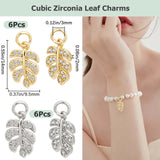 12Pcs 2 Colors Brass Micro Pave Cubic Zirconia Charms, Tropical Leaf Charms, Monstera Leaf Charm, Platinum & Golden, 14x9.5x2mm, Hole: 3mm, 6pcs/color